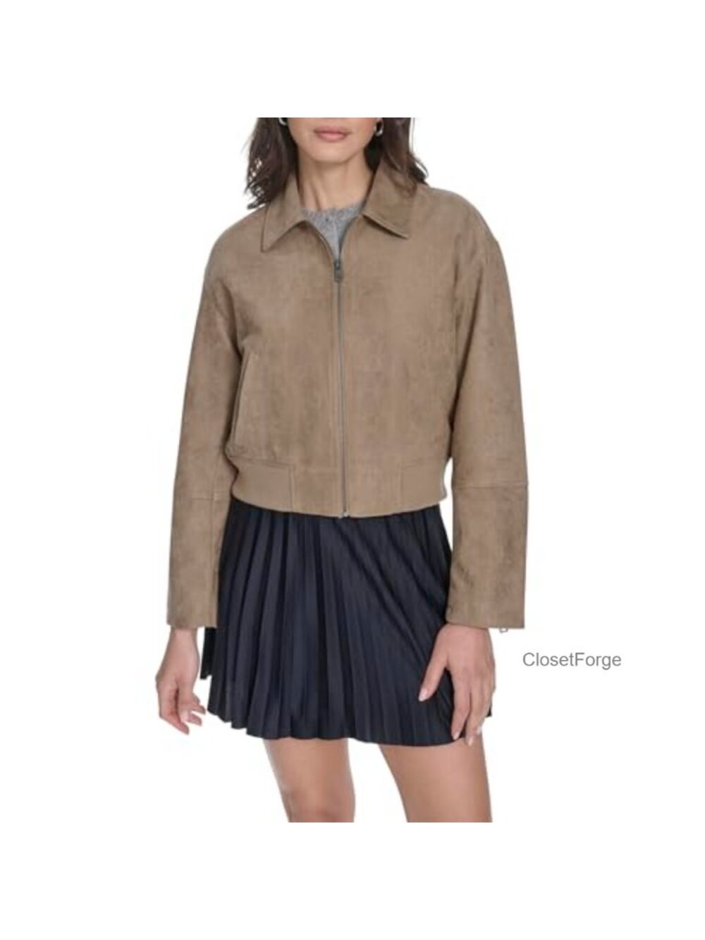 Faux Leather Bomber Jacket With Laydown Collar